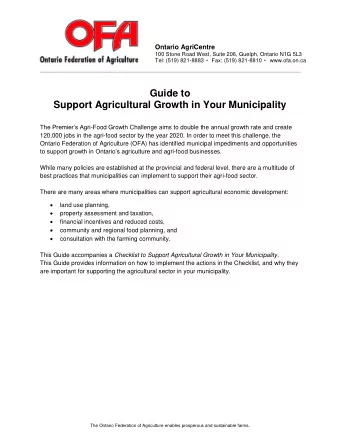 Guide to  Support Agricultural Growth in Your Municipality The Premiers Agri -Food Growth