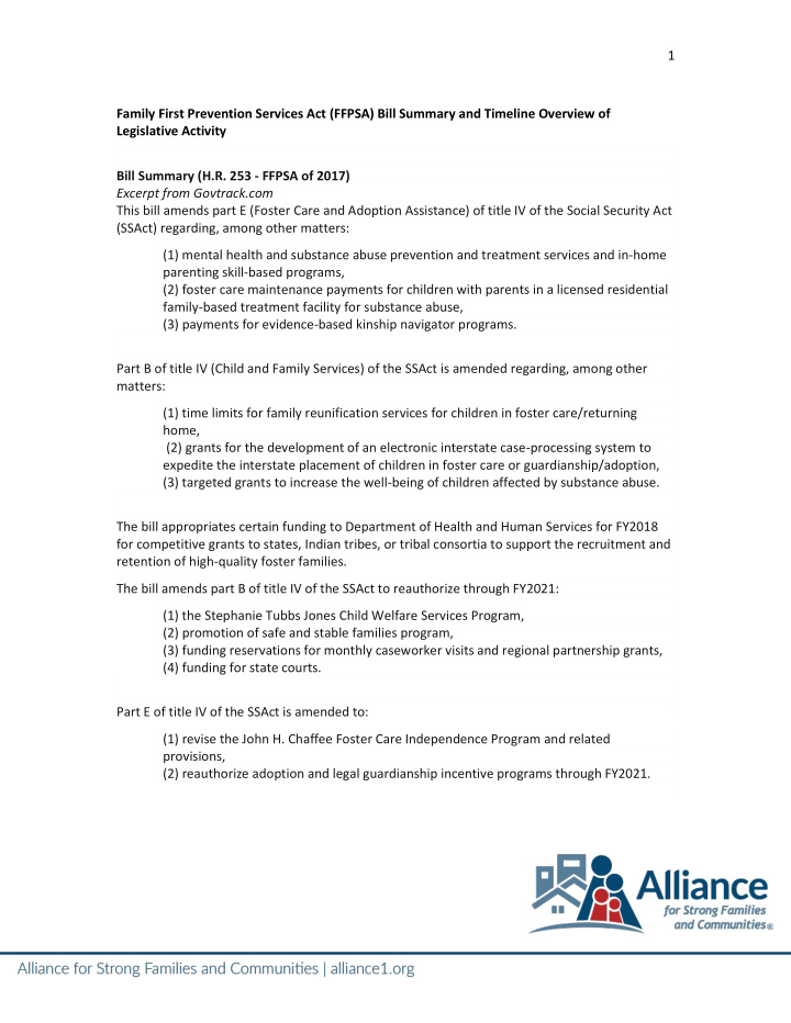 1 family first prevention services act ffpsa bill summary