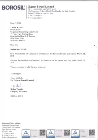 BOROSIL  Gujarat Borosil Limited CIN : L26100GJ1988PLC011663  1101, Crescenzo, G-Block, Opp. MCA