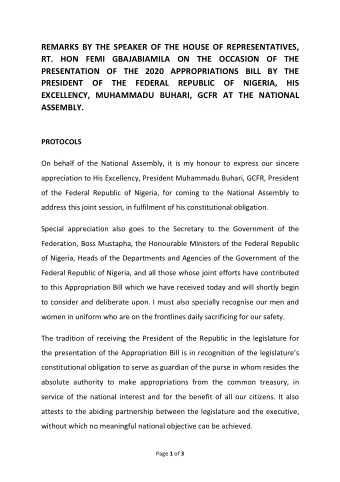 REMARKS BY THE SPEAKER OF THE HOUSE OF REPRESENTATIVES,  RT. HON FEMI GBAJABIAMILA ON THE OCCASION