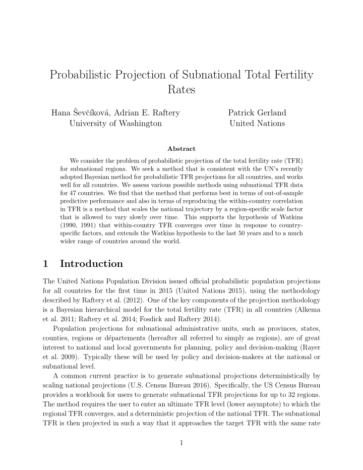 probabilistic projection of subnational total fertility