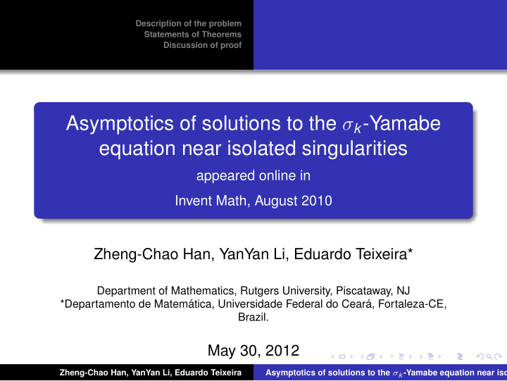 asymptotics of solutions to the k yamabe equation near