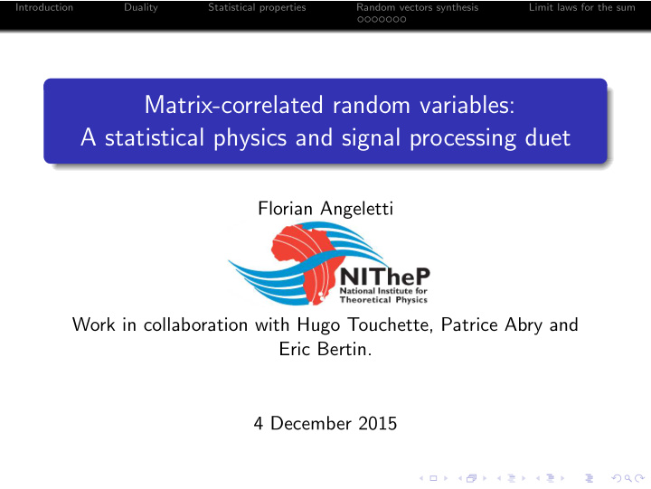 matrix correlated random variables a statistical physics