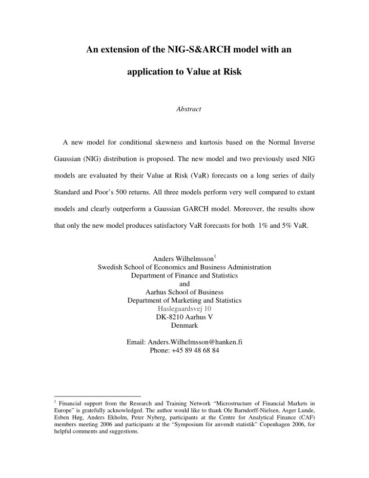 an extension of the nig s arch model with an application