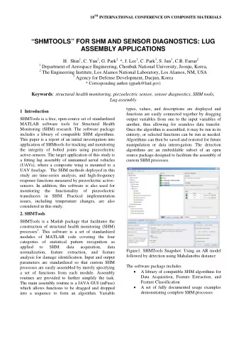 SHMTOOLS FOR SHM AND SENSOR DIAGNOSTICS: LUG  ASSEMBLY APPLICATIONS H. Shin 1 , C. Yun 1 , G.