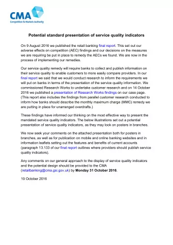 Potential standard presentation of service quality indicators  On 9 August 2016 we published the