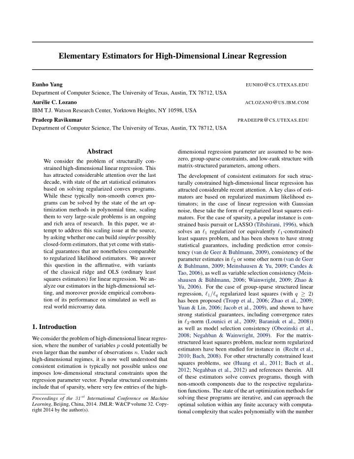 elementary estimators for high dimensional linear
