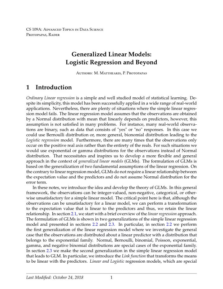 generalized linear models logistic regression and beyond