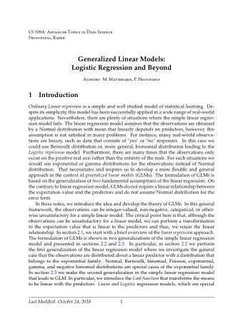 Generalized Linear Models:  Logistic Regression and Beyond A uthors : M. M attheakis , P. P