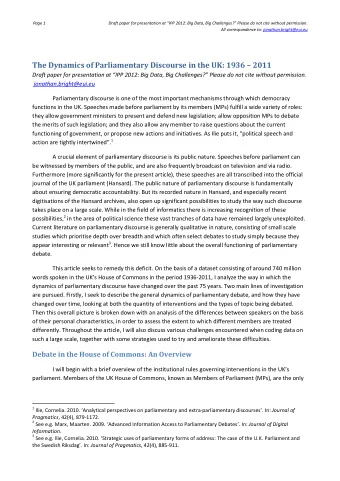 The Dynamics of Parliamentary Discourse in the UK: 1936  2011 Draft paper for presentation at