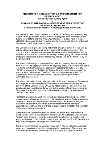 PROMOTING THE CONVENTION AS AN INSTRUMENT FOR DEVELOPMENT  Keynote Speech by Holly Aylett  to