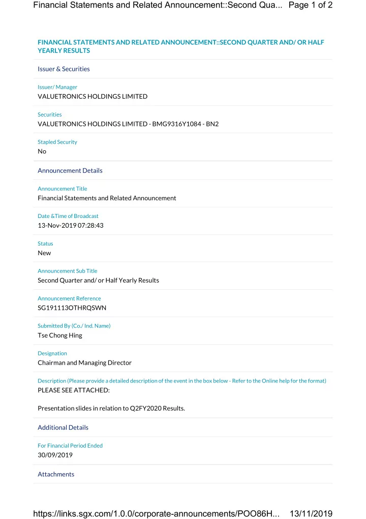financial statements and related announcement second qua