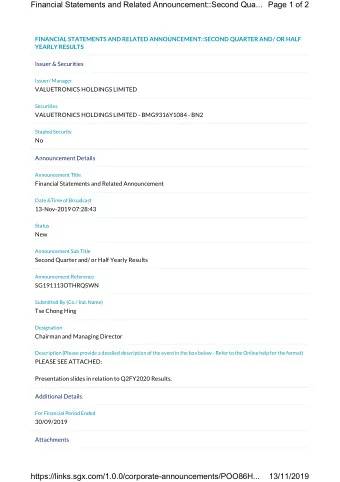 Financial Statements and Related Announcement::Second Qua...  Page 1 of 2  FINANCIAL STATEMENTS AND