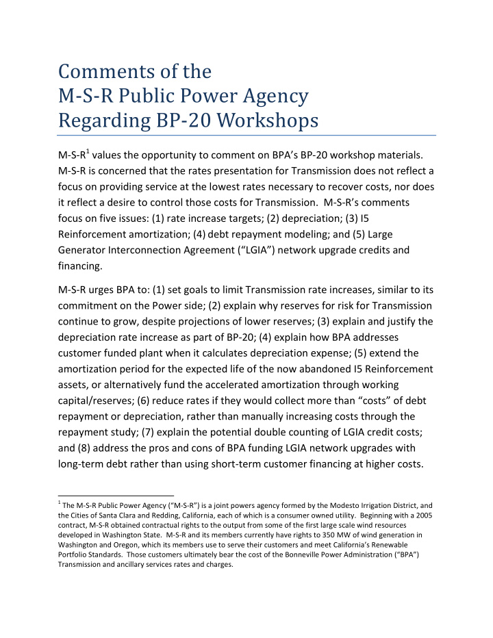 comments of the m s r public power agency regarding bp 20