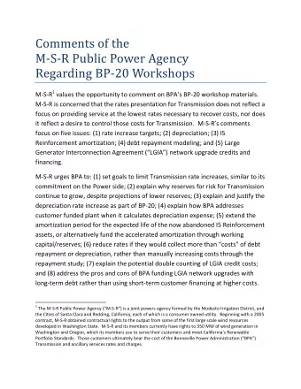 Comments of the M - S - R Public Power Agency Regarding BP - 20 Workshops M-S-R 1 values the