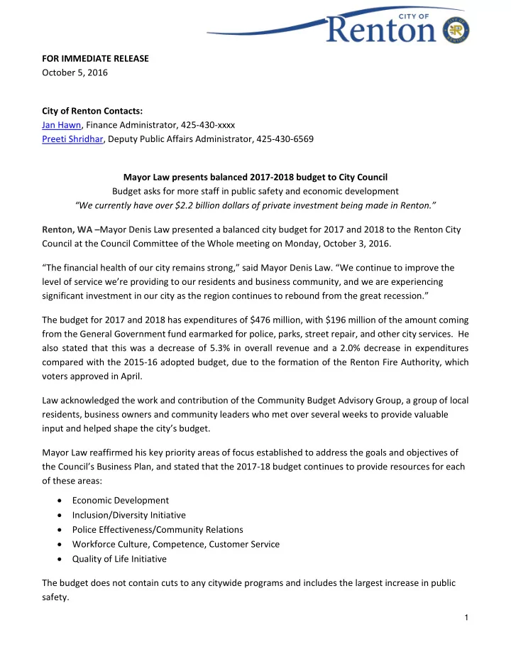 for immediate release october 5 2016 city of renton
