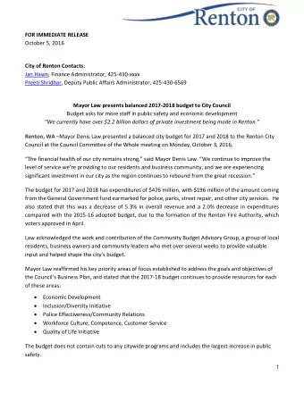 FOR IMMEDIATE RELEASE  October 5, 2016 City of Renton Contacts: Jan Hawn, Finance Administrator,