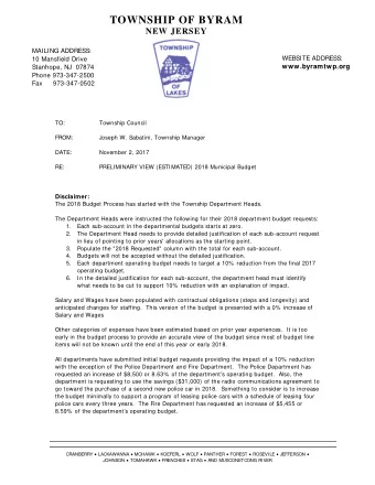 TOWNSHIP OF BYRAM  NEW JERSEY  MAILING ADDRESS:  WEBSITE ADDRESS:  10 Mansfield Drive