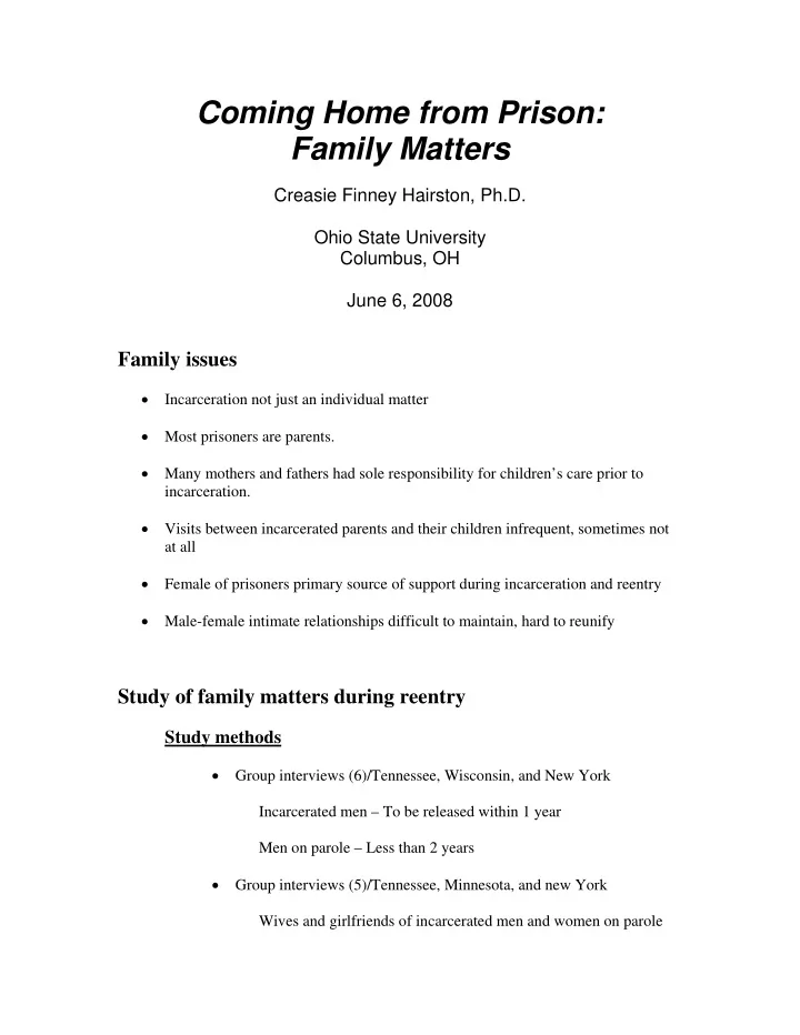 coming home from prison family matters