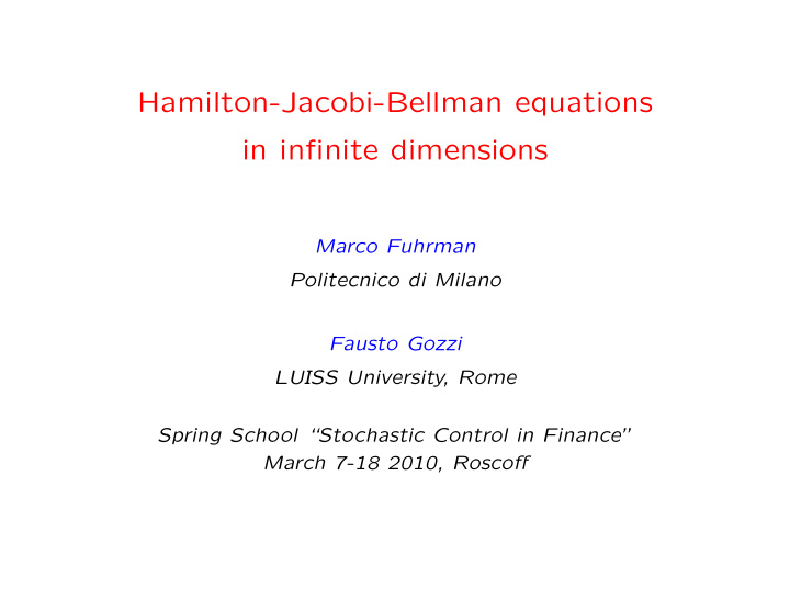 hamilton jacobi bellman equations in infinite dimensions