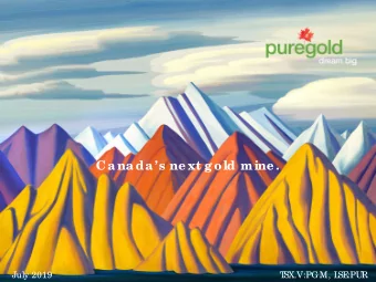 Ca na da s ne xt g old mine .  July 2019  T  SX.V:PGM, L  SE  :PUR  F  o rward L  o o king