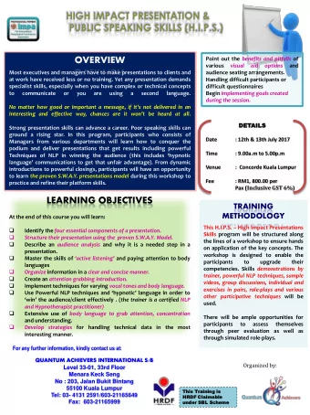 HIGH IMPACT PRESENTATION &amp;  PUBLIC SPEAKING SKILLS (H.I.P.S.)  OVERVIEW Point out the benefits