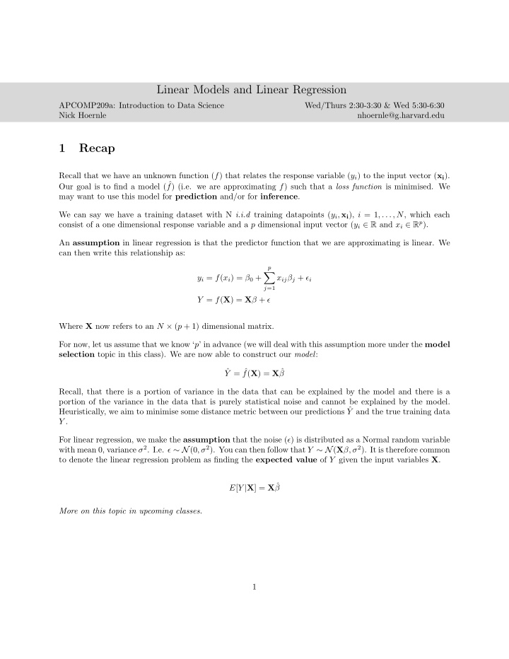 linear models and linear regression