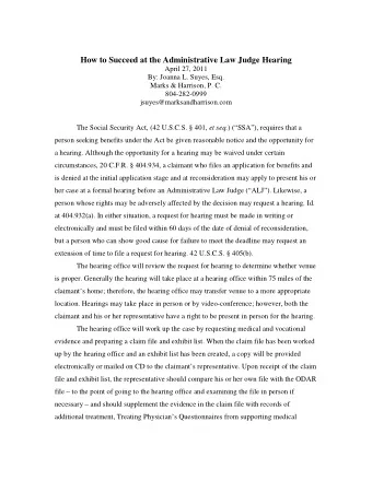 How to Succeed at the Administrative Law Judge Hearing  April 27, 2011  By: Joanna L. Suyes, Esq.