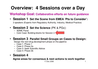 Overview:  4 Sessions over a Day Workshop Goal: Collaborative efforts on future guidance