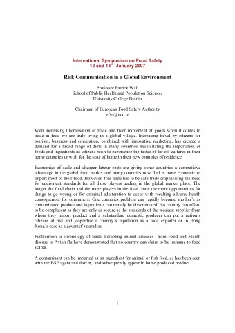 Risk Communication in a Global Environment  Professor Patrick Wall  School of Public Health and