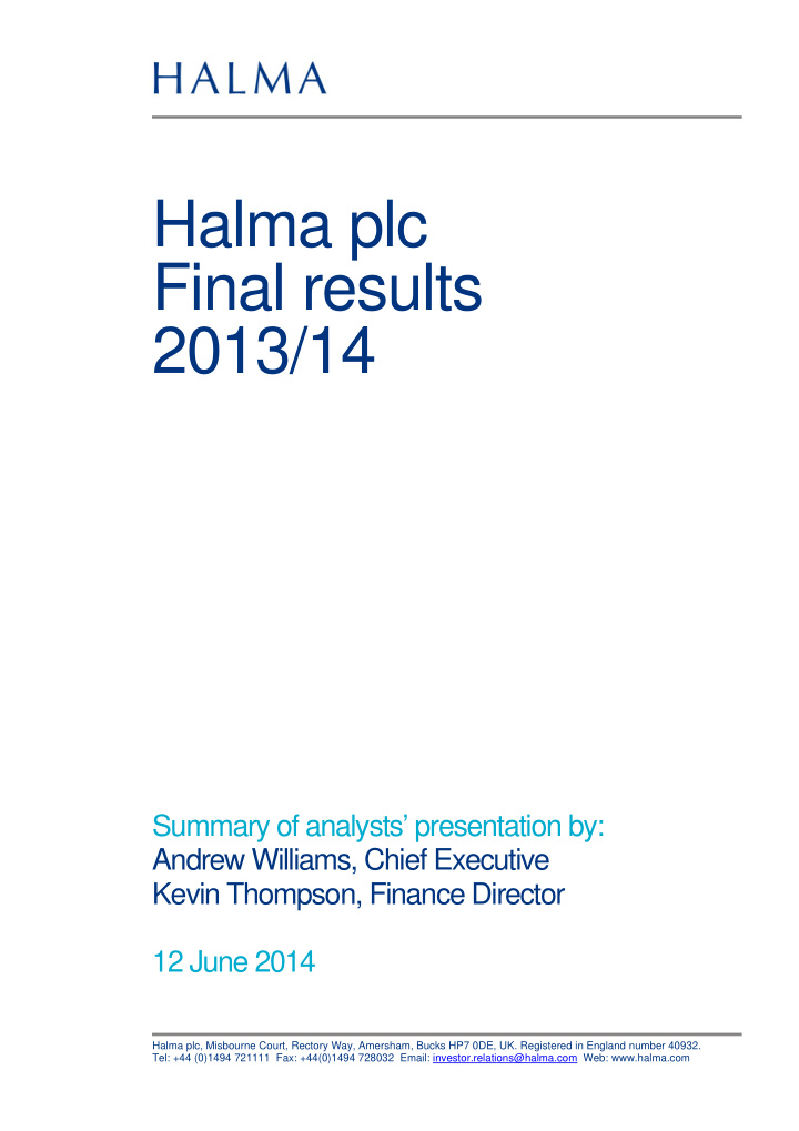 halma plc final results 2013 14