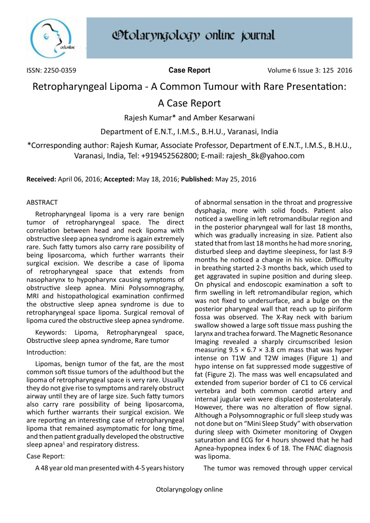 retropharyngeal lipoma a common tumour with rare
