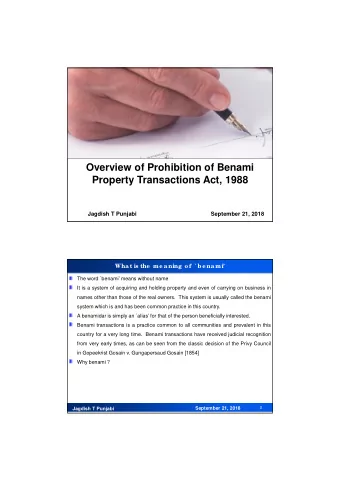 Overview of Prohibition of Benami  Property Transactions Act, 1988  Jagdish T Punjabi  September