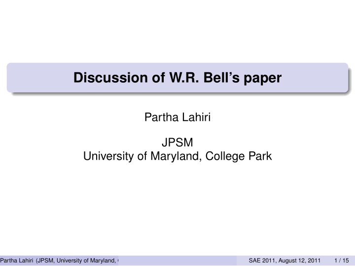 discussion of w r bell s paper