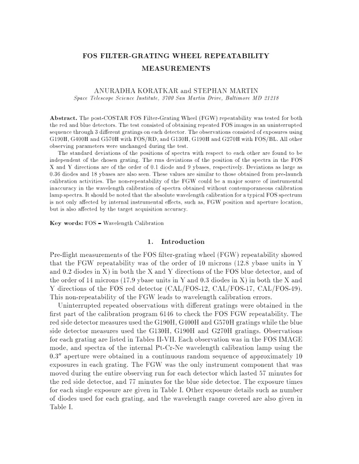 f os fil ter gra ting wheel repea t ability measurements