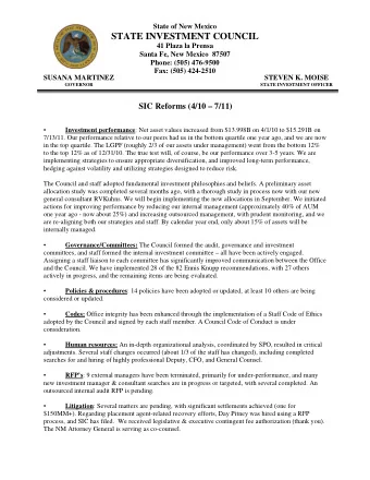 STATE INVESTMENT COUNCIL  41 Plaza la Prensa  Santa Fe, New Mexico  87507  Phone: (505) 476-9500