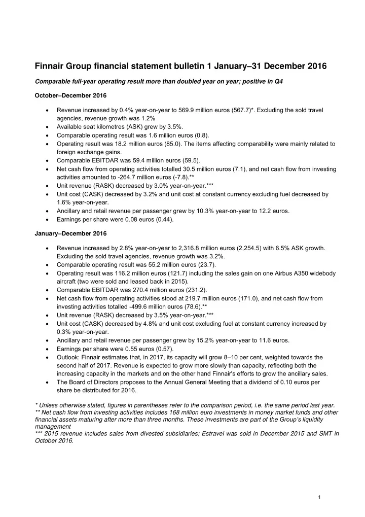 finnair group financial statement bulletin 1 january 31