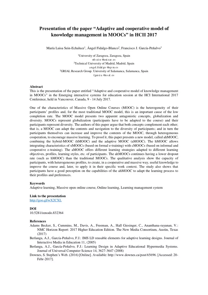 presentation of the paper adaptive and cooperative model