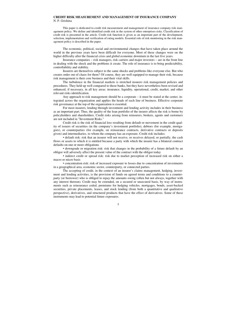 credit risk measurement and management of insurance
