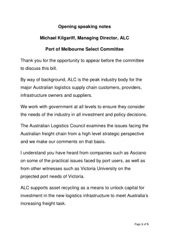 Opening speaking notes  Michael Kilgariff, Managing Director, ALC  Port of Melbourne Select