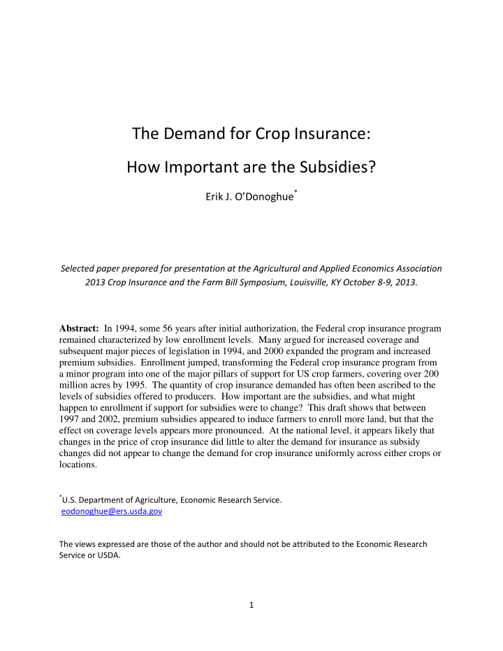 the demand for crop insurance how important are the