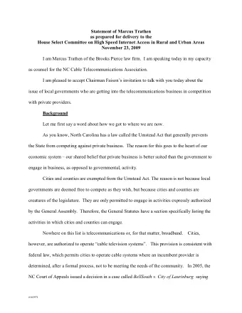 Statement of Marcus Trathen  as prepared for delivery to the  House Select Committee on High Speed