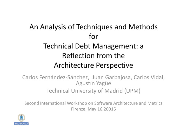 an analysis of techniques and methods for technical debt