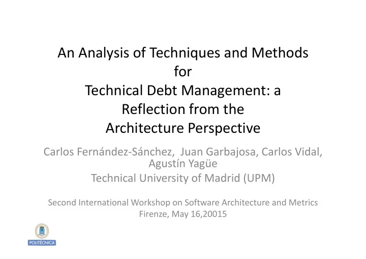 an analysis of techniques and methods for technical debt