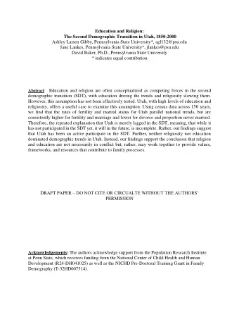Education and Religion: The Second Demographic Transition in Utah, 1850-2000  Ashley Larsen Gibby,
