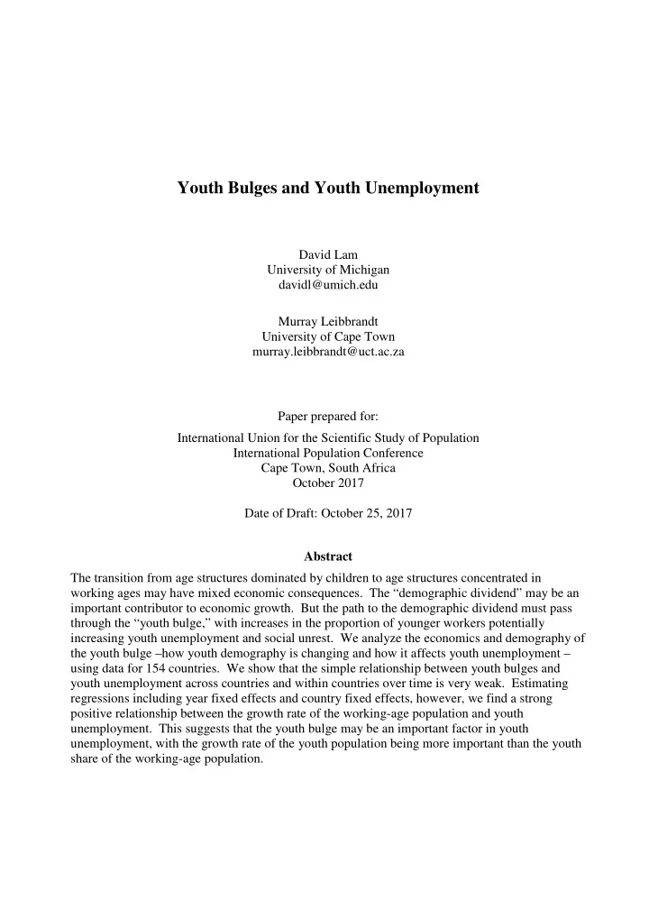 youth bulges and youth unemployment