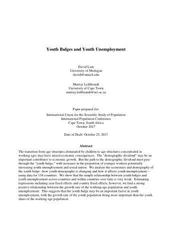 Youth Bulges and Youth Unemployment  David Lam  University of Michigan  davidl@umich.edu  Murray