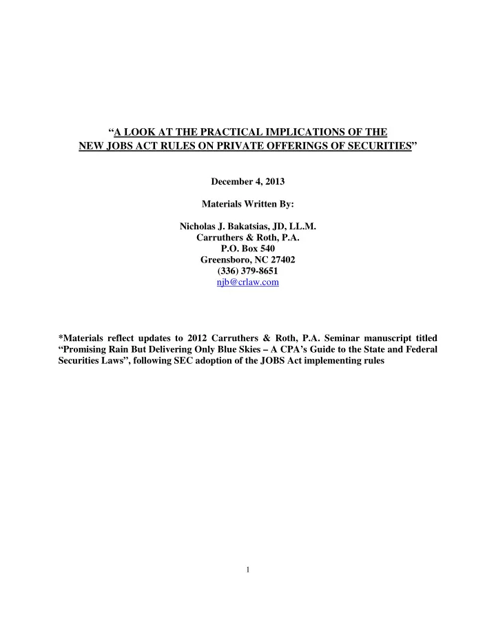a look at the practical implications of the new jobs act
