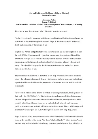 Aid and Influence: Do Donors Help or Hinder?  Stephen Browne  Speaking Notes  Roger C. Riddell