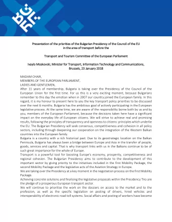 Presentati  tion  on of  f th  the prior  oriti  ties of  f th  the Bulg  lgar  arian  an